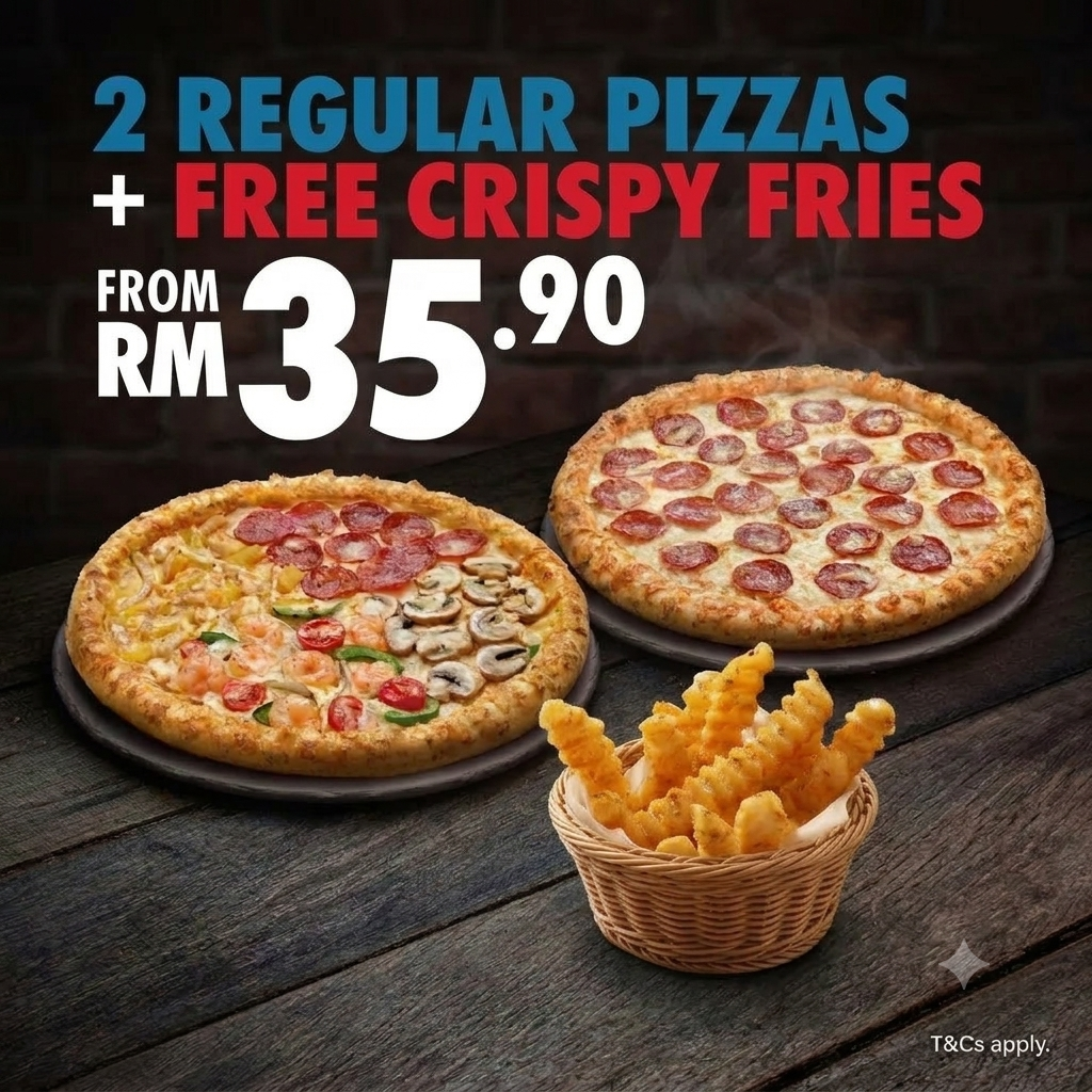 2 Pizzas plus Fries